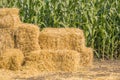 Straw square bale against a green field of corn, bales of hay on a country road Royalty Free Stock Photo