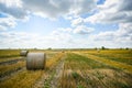 Straw stacks - stacked bales of hay left over from harvesting crops, field of an agricultural farm with harvested crops Royalty Free Stock Photo