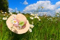Straw summer hat in flower field