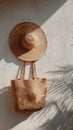 Straw tote bag and sun hat create a charming summer display on a white wall with soft shadows Royalty Free Stock Photo