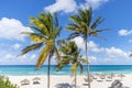 straw umbrella on tropical beach. green lush palm trees against a blue cloudy sky and turquoise water in sea. beautiful Caribbean Royalty Free Stock Photo