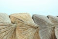 Straw umbrellas on an empty beach on a foggy day. Rainy cold weather on the sea coast. Travel photography