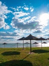Straw umbrellas on green grass harsh shadow, sand beach vivid blue sea water sky background sunbeam. Scenic landscape