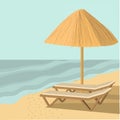 Straw umbrellas and sunbeds. Vector illustration.