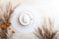 straw weaved hat with dry leaves and wild flowers. Bohemian background, boho flat lay composition Royalty Free Stock Photo