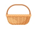 Straw wicker basket with handle. Woven wickerwork without lid or cover. Realistic empty basketwork for storage. Colored