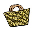 Straw Wicker Summer Beach Bag, Doodle Illustration, Isolated on White Background