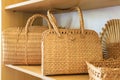 Straw woven bags. Background with selective focus and copy space Royalty Free Stock Photo