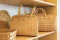 Straw woven bags. Background with selective focus and copy space Royalty Free Stock Photo