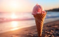 Strawberrie ice cream cone at the beach.