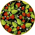 Strawberries background with leaves, berries and flowers in round frame on black Royalty Free Stock Photo