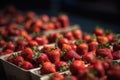 many baskets with fresh ripe strawberries for sale at a farmer's market close-up Royalty Free Stock Photo