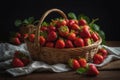 Strawberries in a basket, fresh harvest on a dark background