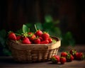 Strawberries in a basket on a wooden table A basket overflowing with juicy, ripe strawberries Royalty Free Stock Photo