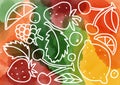 Strawberries, berries, cherries, raspberries, lemon. Bright print on a multicolored background.