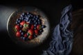 Strawberries and blueberries in a metal bowl on the tabl