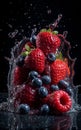 Strawberries and blueberries in water splashes on black background Royalty Free Stock Photo