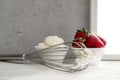 Strawberries in bowl with whipped cream and wire whisk Royalty Free Stock Photo