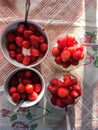 Strawberries in bowls, tasty delicious dessert, healthy fresh food.