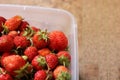 Red strawberries in a container. Summer berry