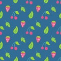 Strawberries and cherries with leaves on a blue background. Vector seamless pattern in flat style. Wallpaper, packaging Royalty Free Stock Photo