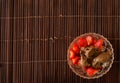 Strawberries and chocolate ice cream in a crystal bowl on a bamboo mat Royalty Free Stock Photo