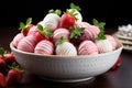 Strawberries in chocolate, white and pink glaze on a plate on Valentine\'s Day