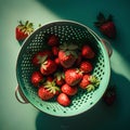 Strawberries in a colander on a green background, top view Royalty Free Stock Photo