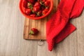 Strawberries in a colander and a towel