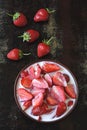 Strawberries with cream bowl. Healthy dessert.