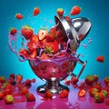 strawberries with creamy splashes in the mixer bowl, fresh and healthy food