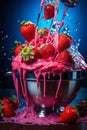 strawberries with creamy splashes in the mixer bowl, fresh and healthy food