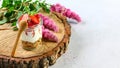 Strawberries desert dessert with cookies, cream cheese on wood stump, Authentic lifestyle image. copy space Royalty Free Stock Photo