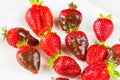 Strawberries dipped in delicious chocolate in white dish isolated on white background. Close up view. Royalty Free Stock Photo