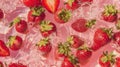 strawberries are exquisite scattered in the water, milk spilt, water splashes, Macro