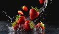 Strawberries fall into the water on elegant black background. Swirl of water and fruit with splashes.