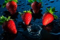 Strawberries falling on a black wet surface, bursts of water Royalty Free Stock Photo