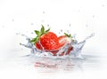 Strawberries falling into clear water, forming a crown splash.