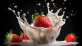 Strawberries falling into milk, top view, splashes of milk, professional food photo. Generative AI