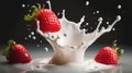 Strawberries falling into milk, top view, splashes of milk, professional food photo. Generative AI