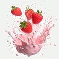 Strawberries falling into yogurt