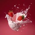 Strawberries falling into yogurt