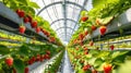 Strawberries flourishing in a vertical hydroponic system in greenhouse