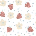 Strawberries, flowers and drops vector seamless pattern. Design for T-shirt, textile and prints. Royalty Free Stock Photo
