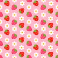 Strawberry & flower seamless pattern. Repeatable background. Isolated on pink background. Vector illustration.