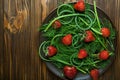 Strawberries and greens on a brown plate on wooden background. Royalty Free Stock Photo