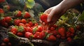 strawberries in hand, close-uo of hand picking strawberries, strawberries in the garden, harvest for strawberries