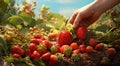 strawberries in hand, close-uo of hand picking strawberries, strawberries in the garden, harvest for strawberries