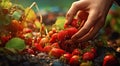 strawberries in hand, close-uo of hand picking strawberries, strawberries in the garden, harvest for strawberries