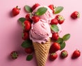 strawberries and ice cream in a waffle cone on a pink background Royalty Free Stock Photo